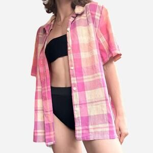 Korey Francisca pink plaid orange button up short sleeve top - size L